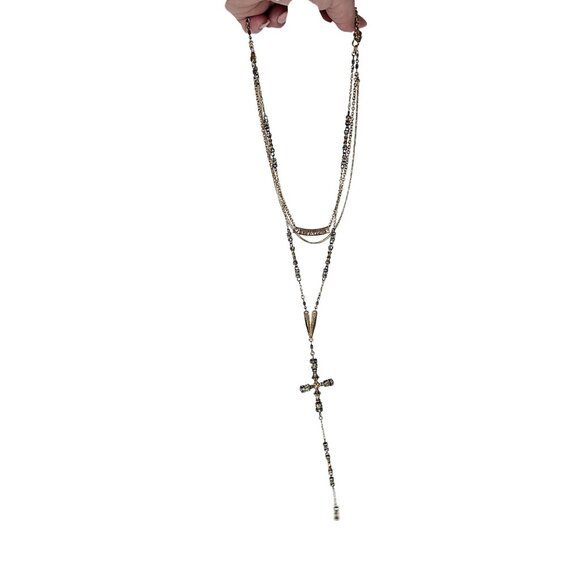 Layered Gold-Tone Necklace Ornate Cross Pendant‎ Beaded Accents 18" - Picture 11 of 11